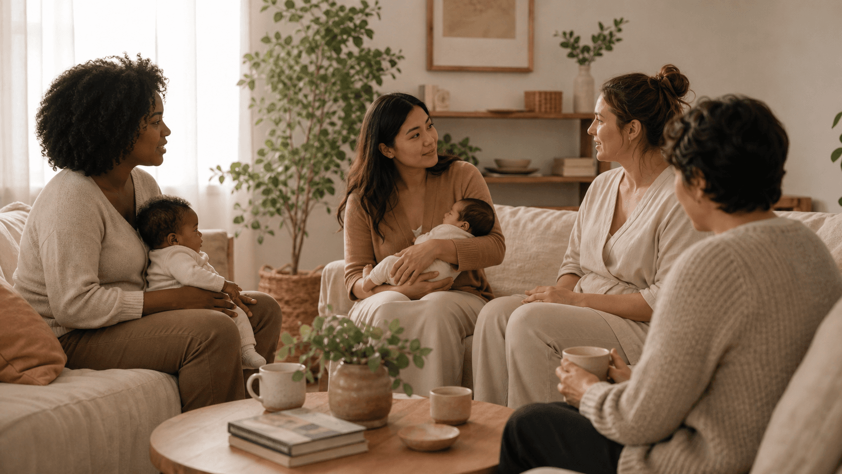 Diverse group of postpartum parents sharing supportive conversation in a living room