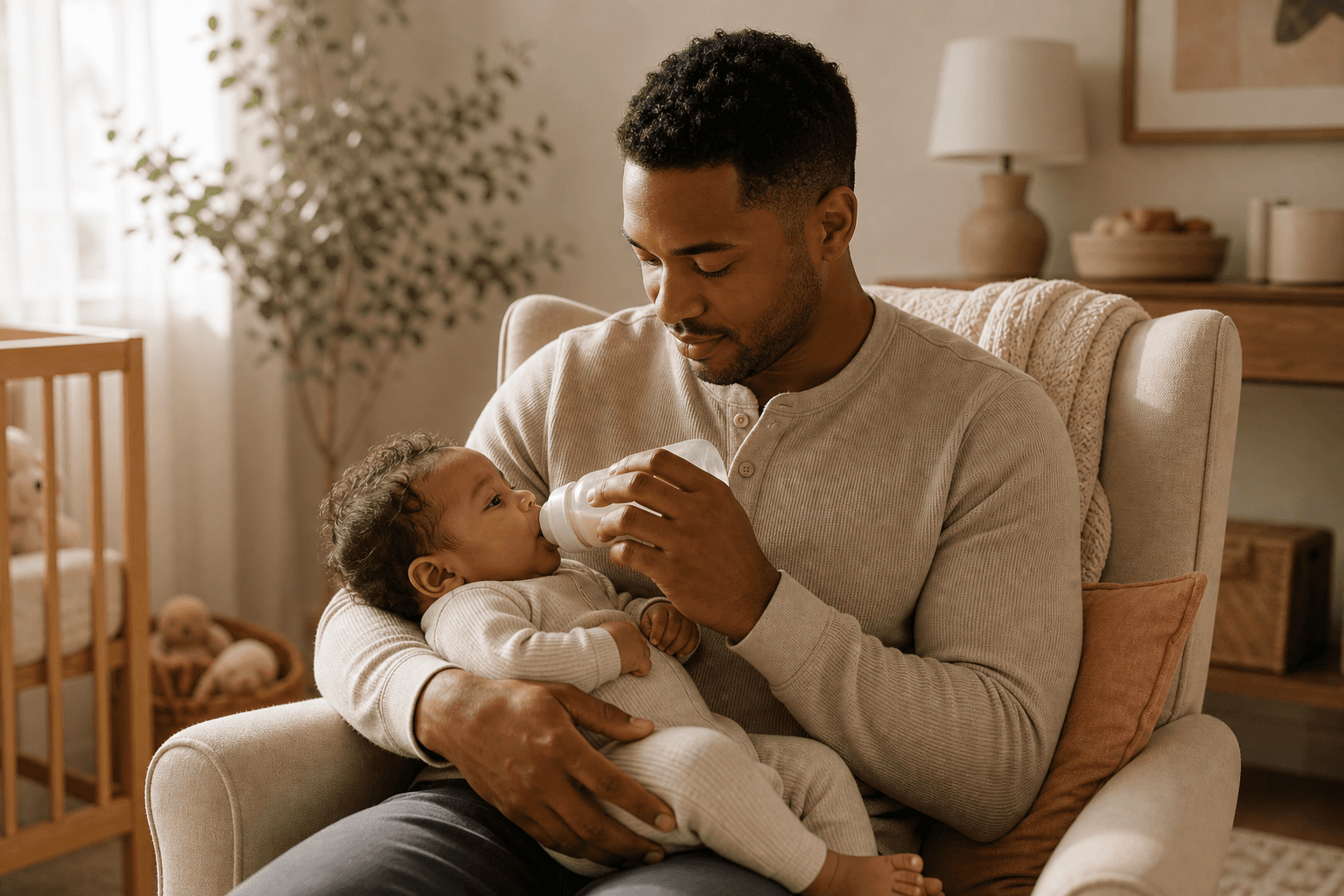 Father feeding his baby with a bottle in a softly lit nursery