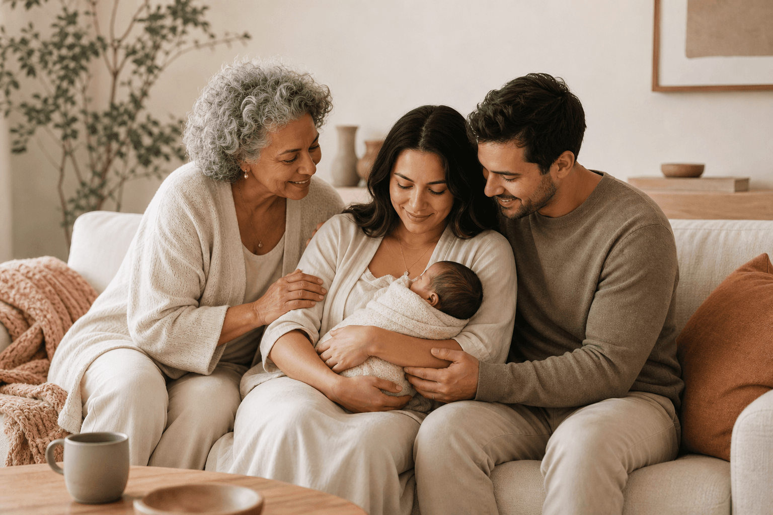 Multigenerational family gathered around a new parent and baby at home