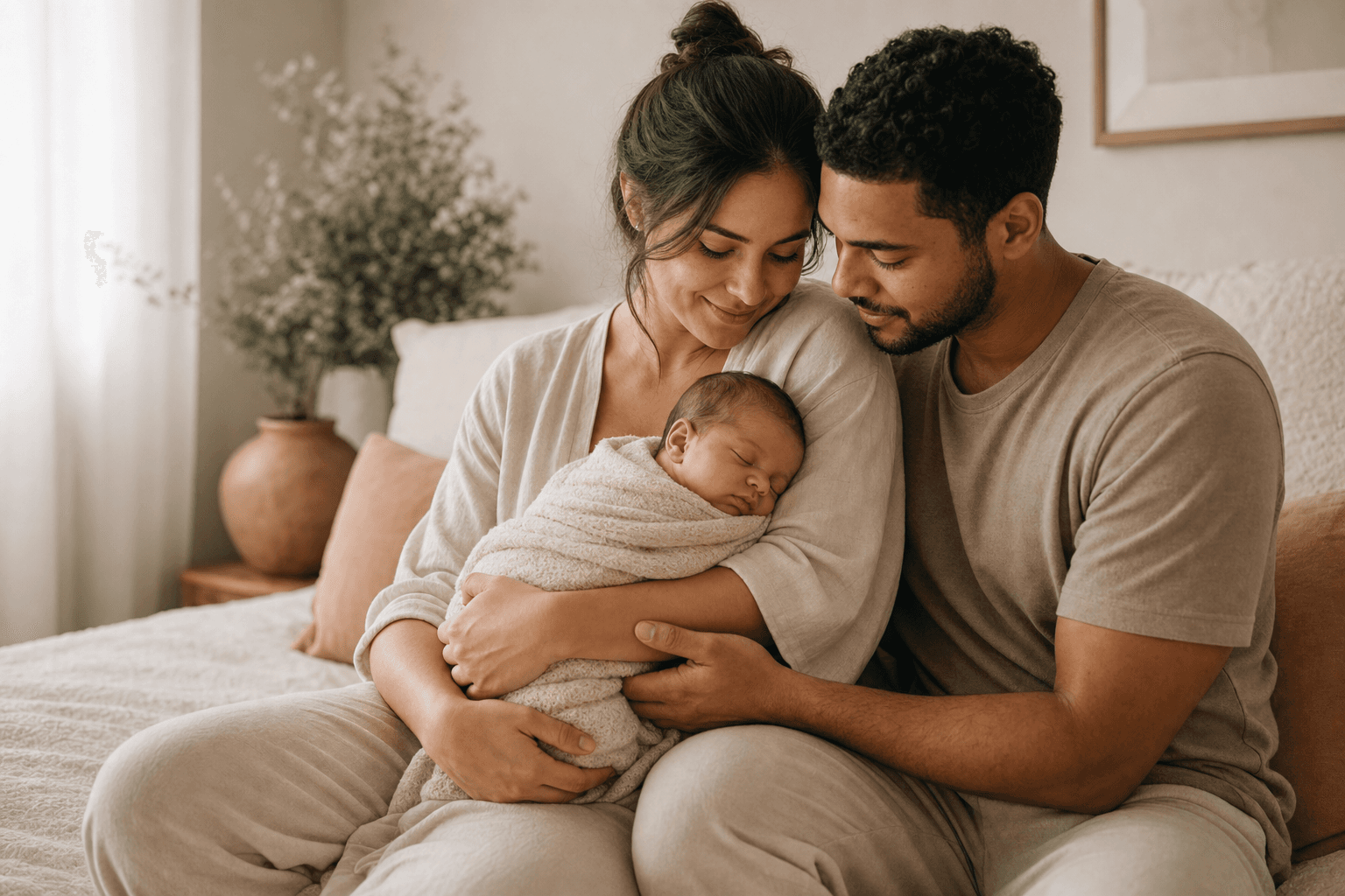 Parents sitting together with their newborn in a peaceful home