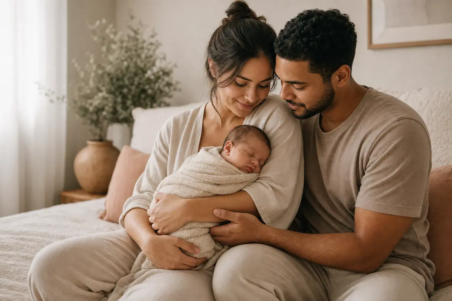 Parents sitting together with their newborn in a peaceful home