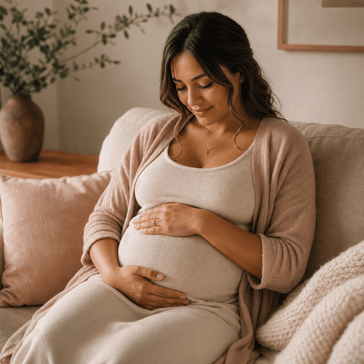 Pregnant mother resting with hands on her belly in a warm home