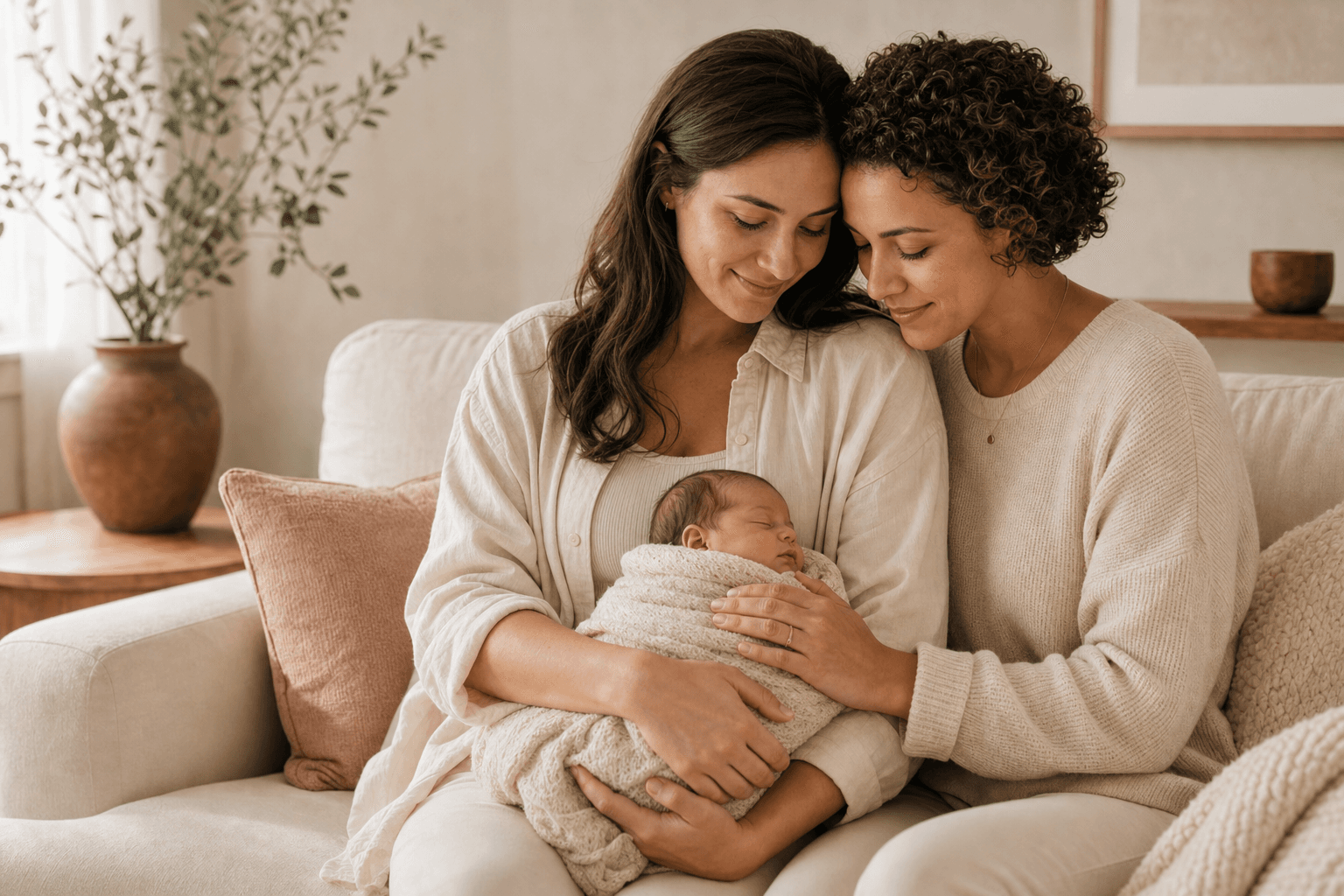 Two mothers sitting together with their sleeping newborn in a warm home