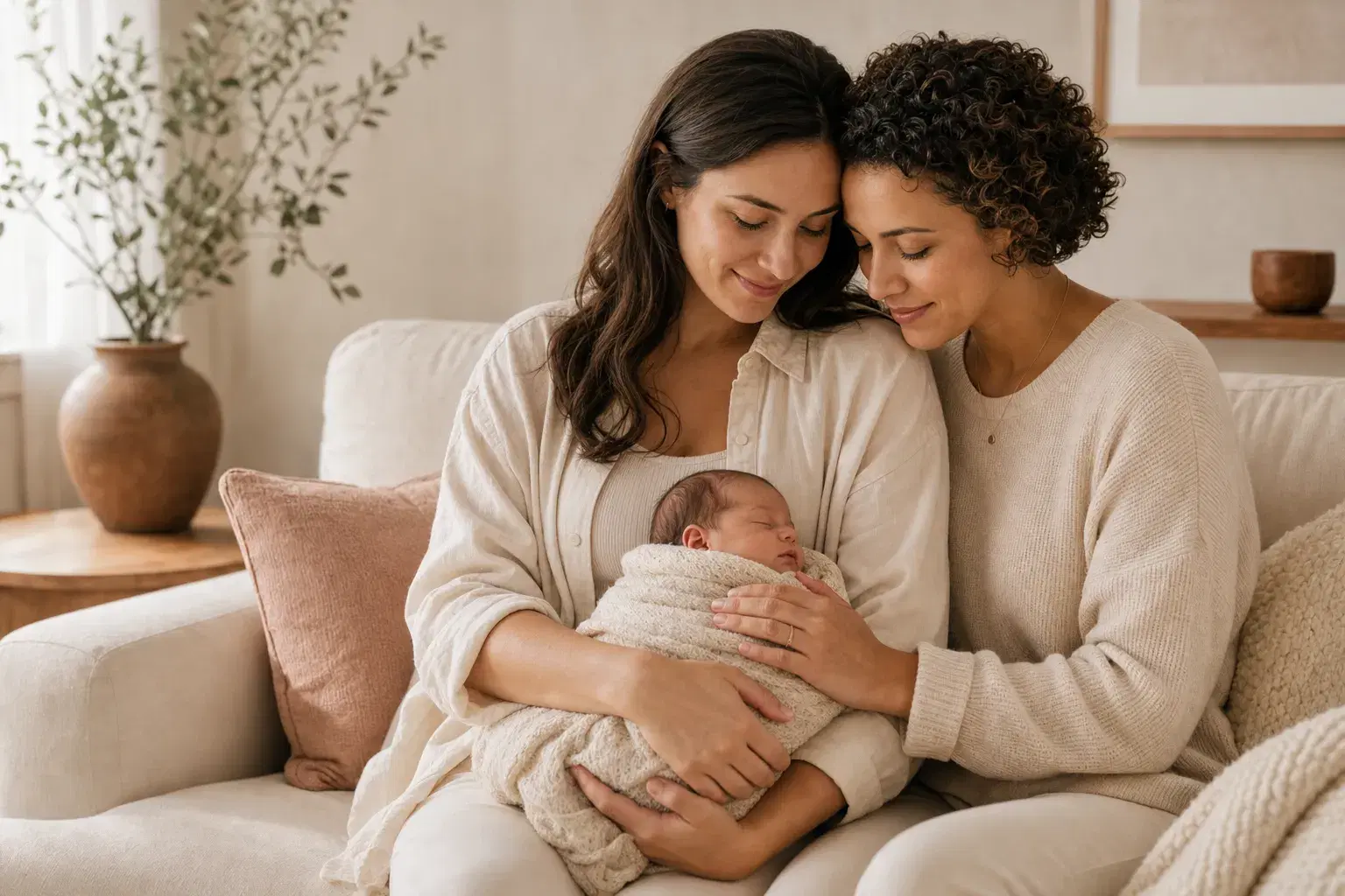 Two mothers sitting together with their sleeping newborn in a warm home
