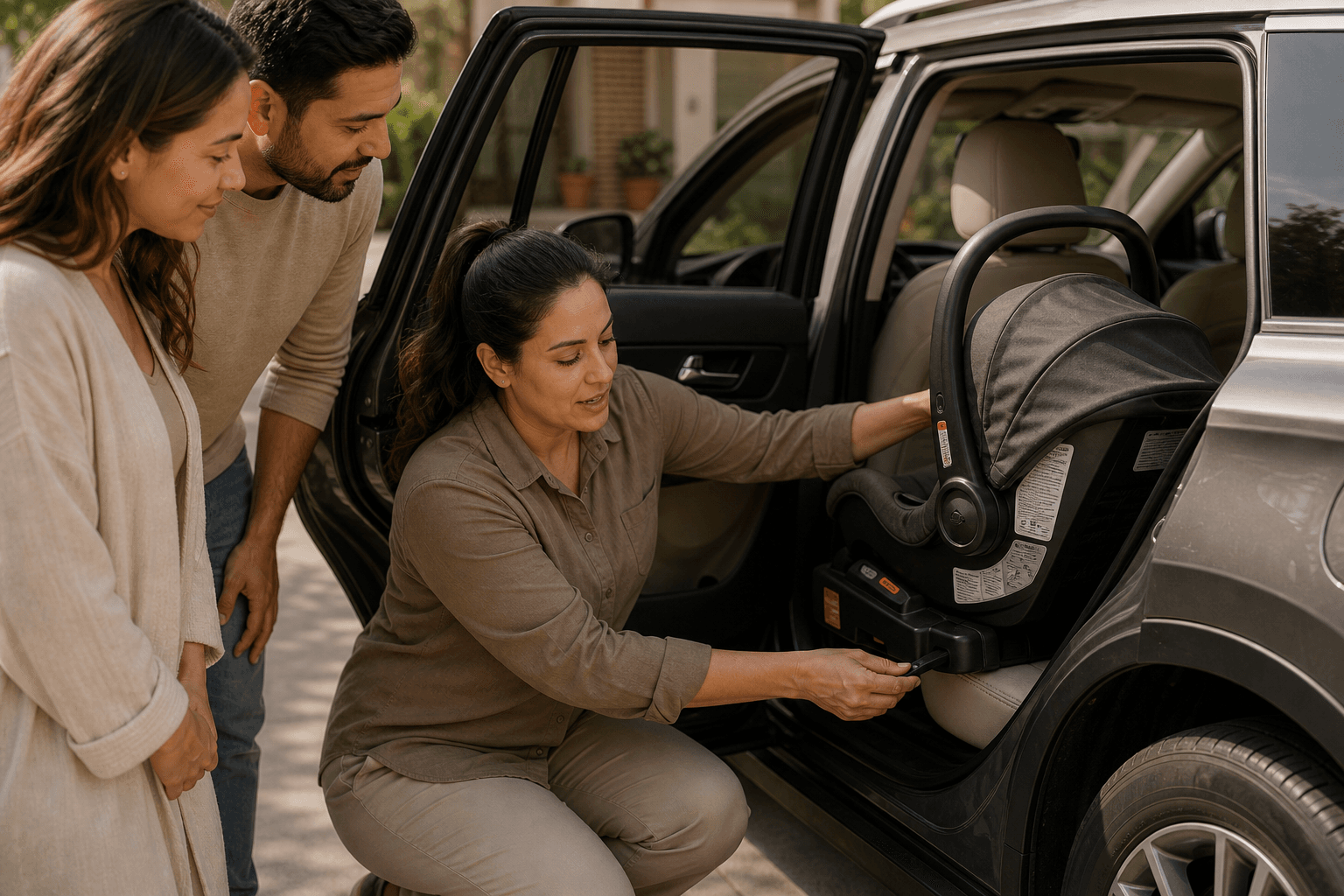 Car seat safety technician helping parents check an infant car seat installation