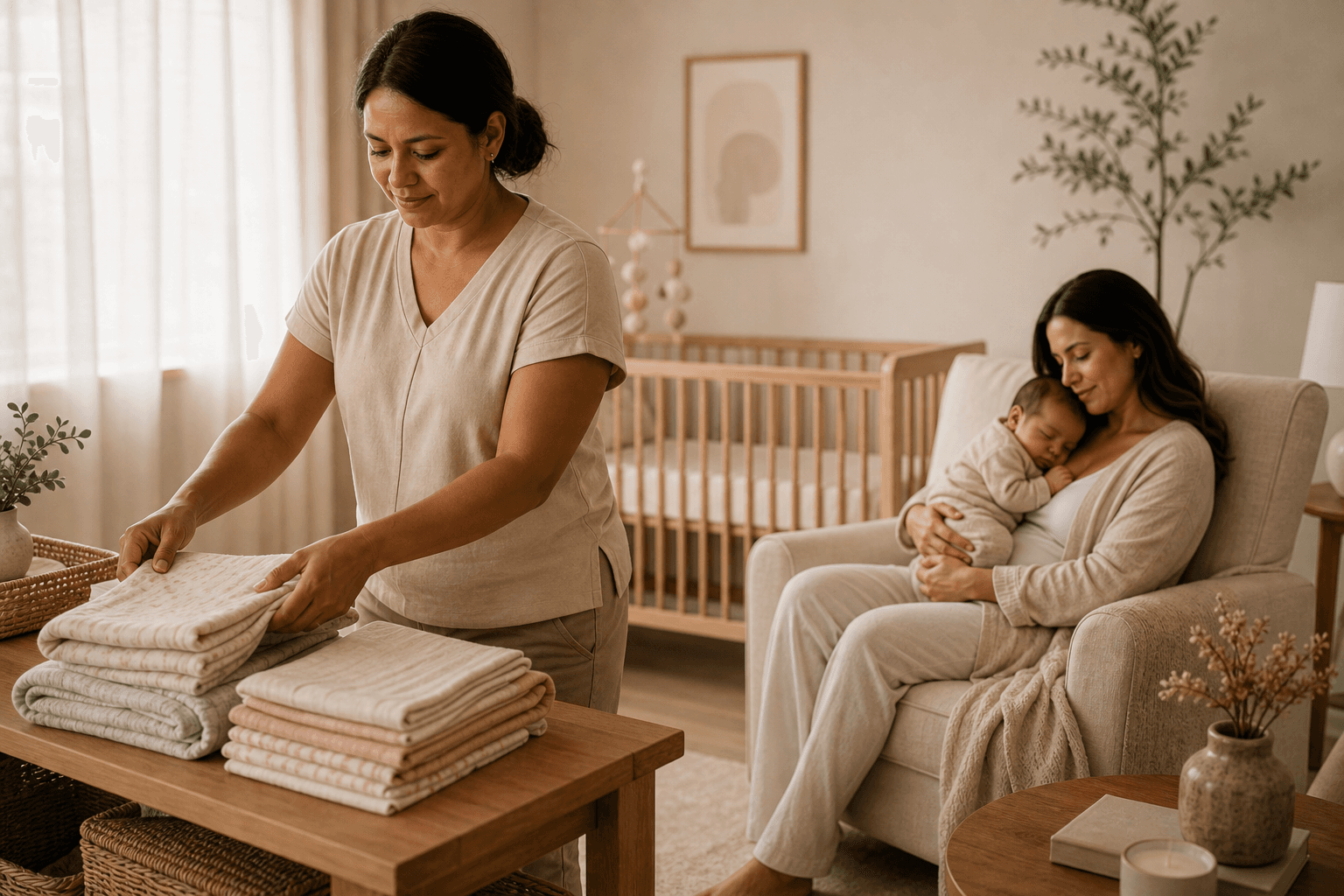 Home support professional folding baby laundry while a parent rests with a newborn nearby