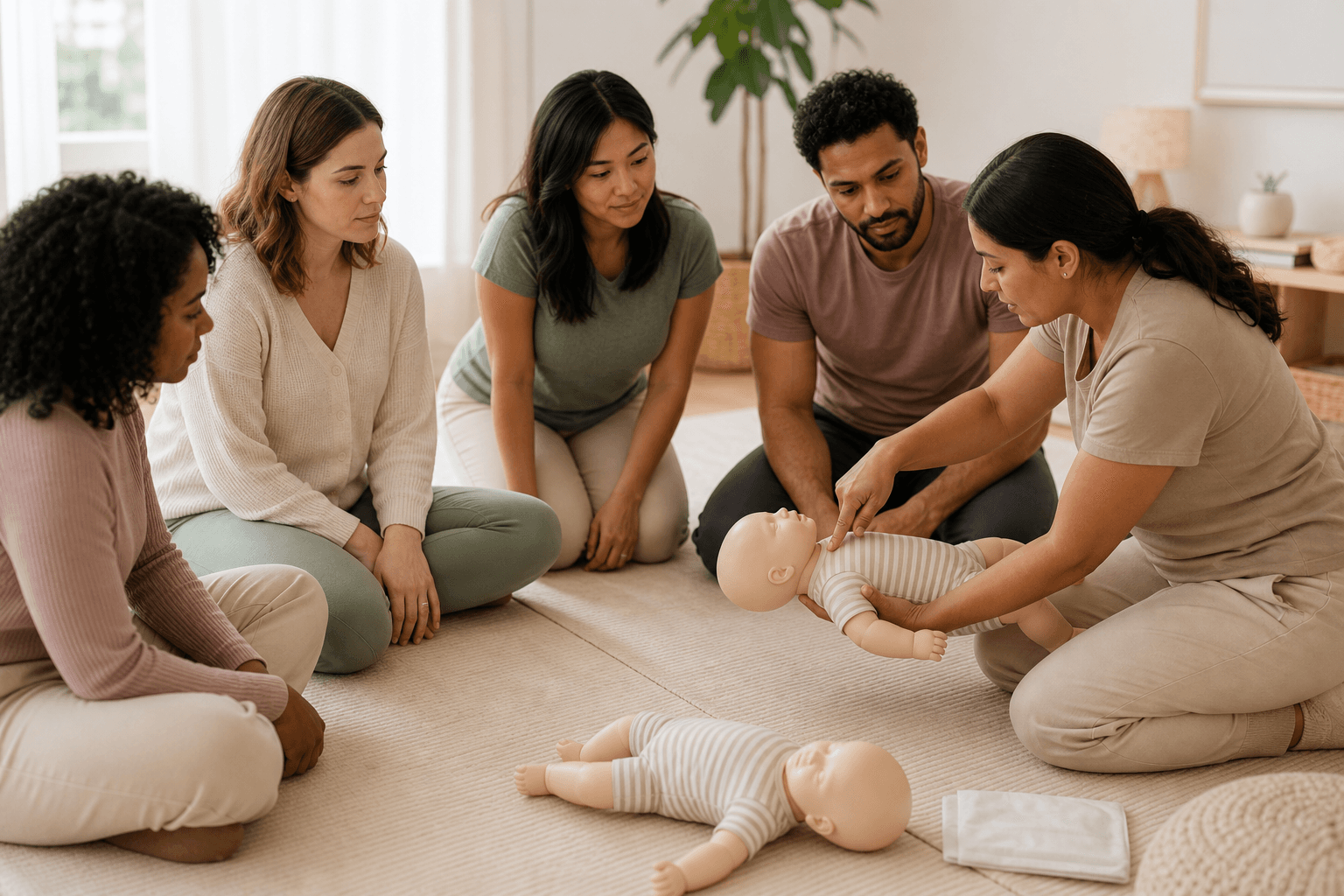 Instructor teaching infant CPR skills to a small group of parents using training dolls