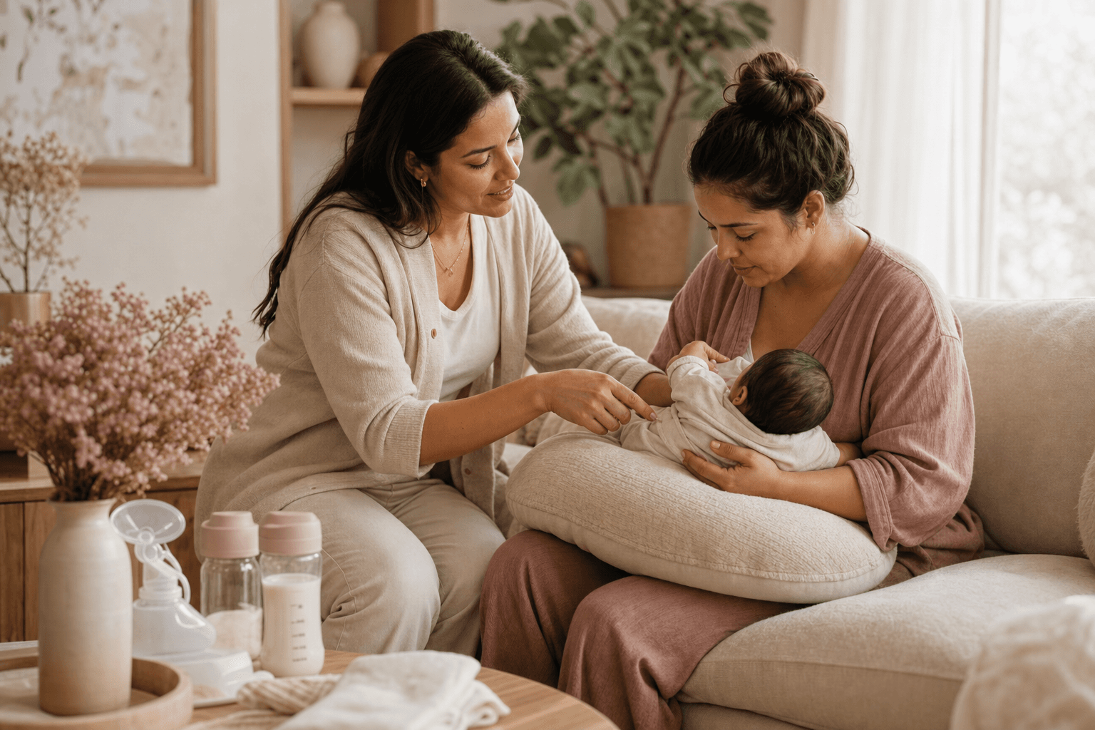 Lactation consultant helping a parent feed their newborn safely and comfortably