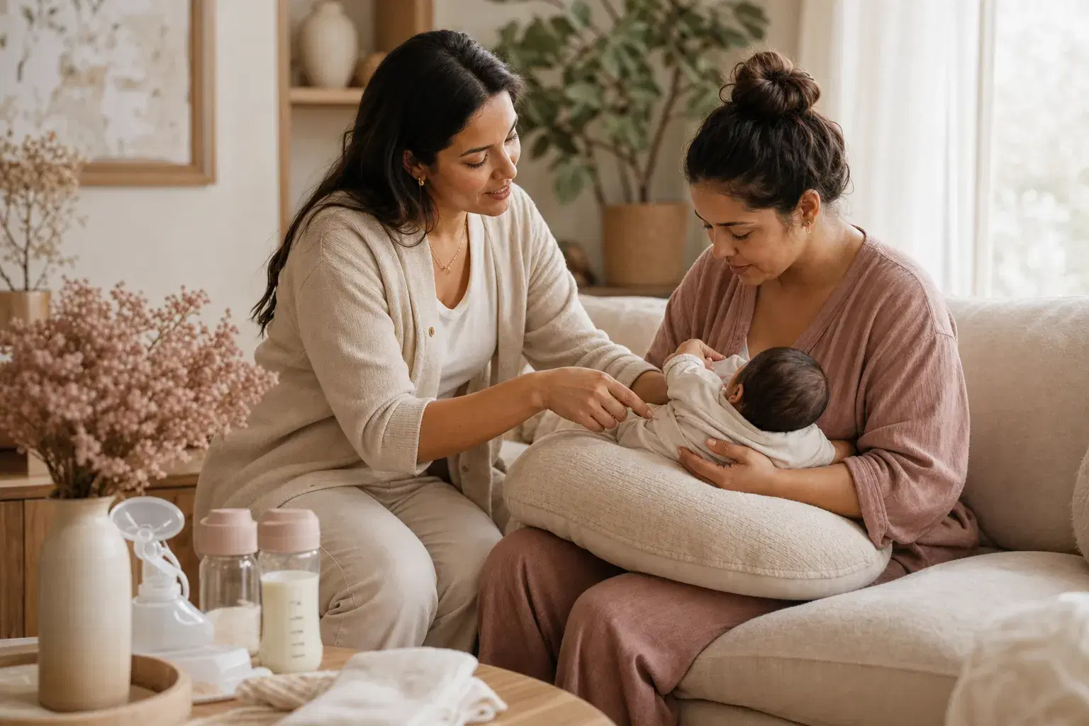 Lactation consultant helping a parent feed their newborn safely and comfortably