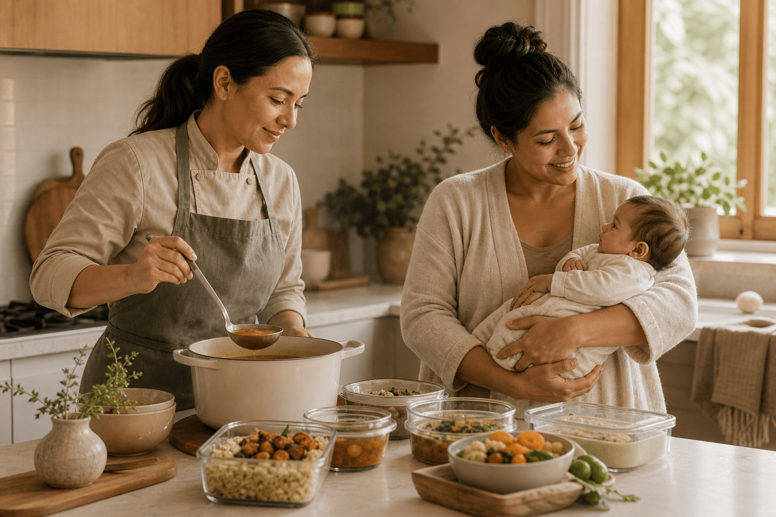 Postpartum meal support provider preparing nourishing food while a parent holds a baby nearby