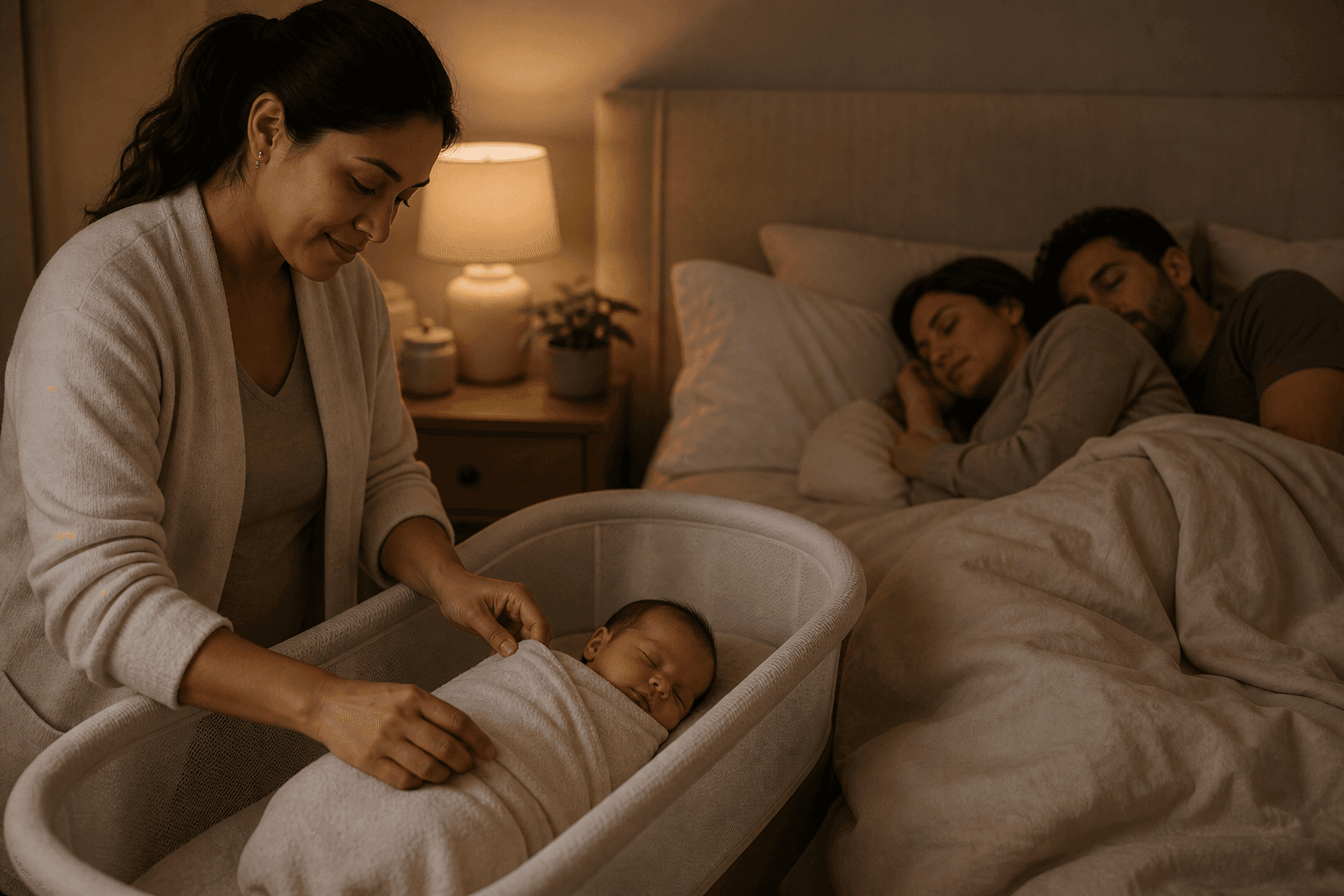 Newborn care specialist tending to a swaddled baby while parents rest nearby