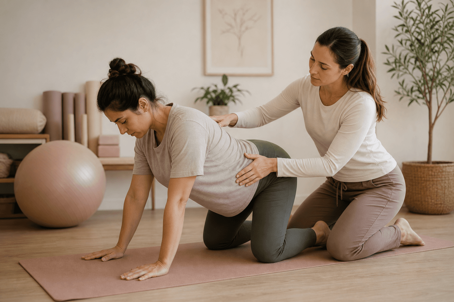 Pelvic floor physical therapist guiding a postpartum mother through gentle recovery movement