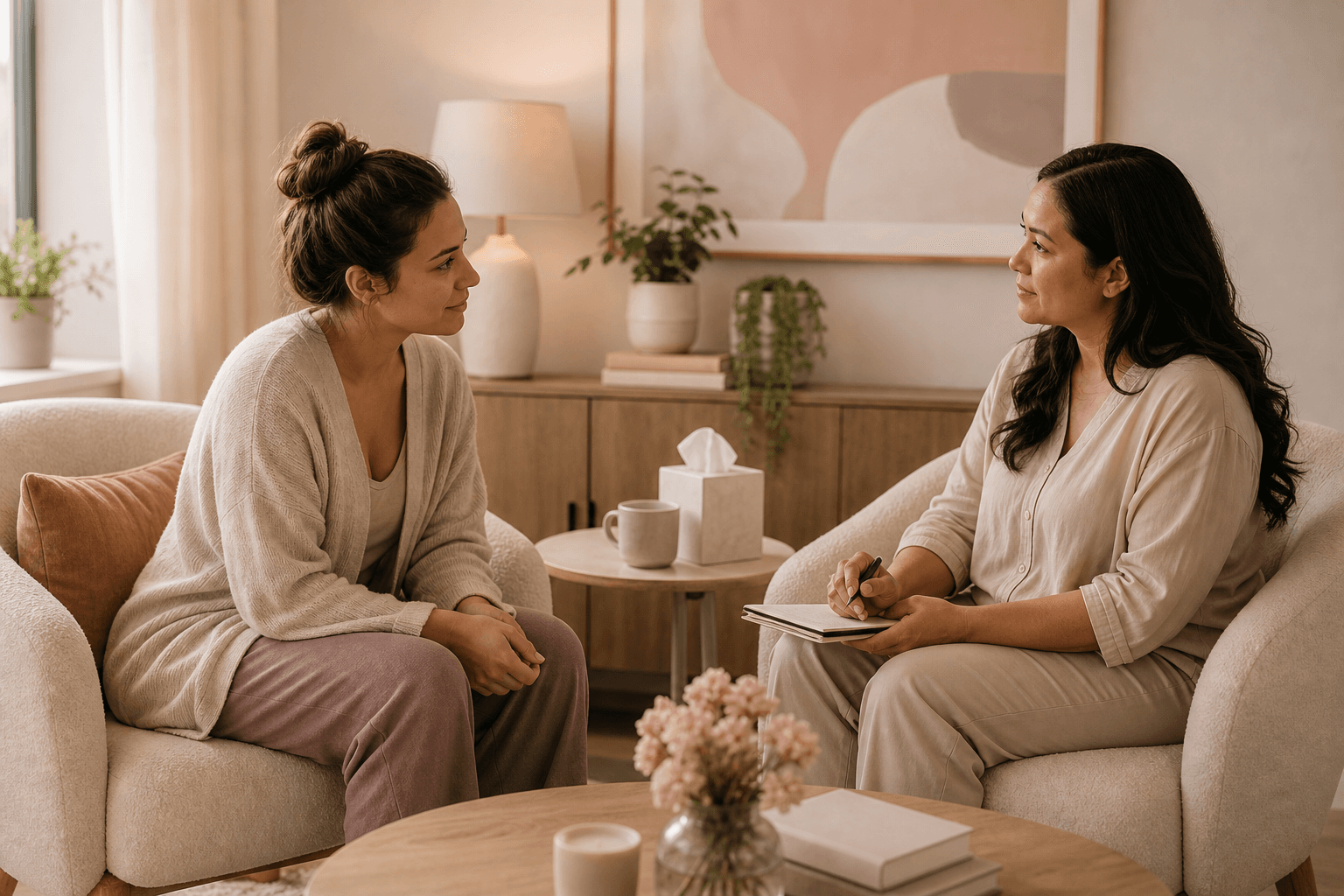 Asian parent in a calm therapy conversation with a supportive professional