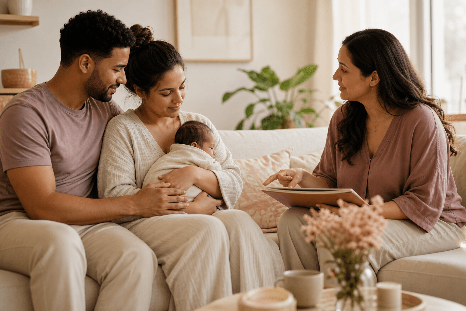 Black parents sitting together with their newborn in a warm living room