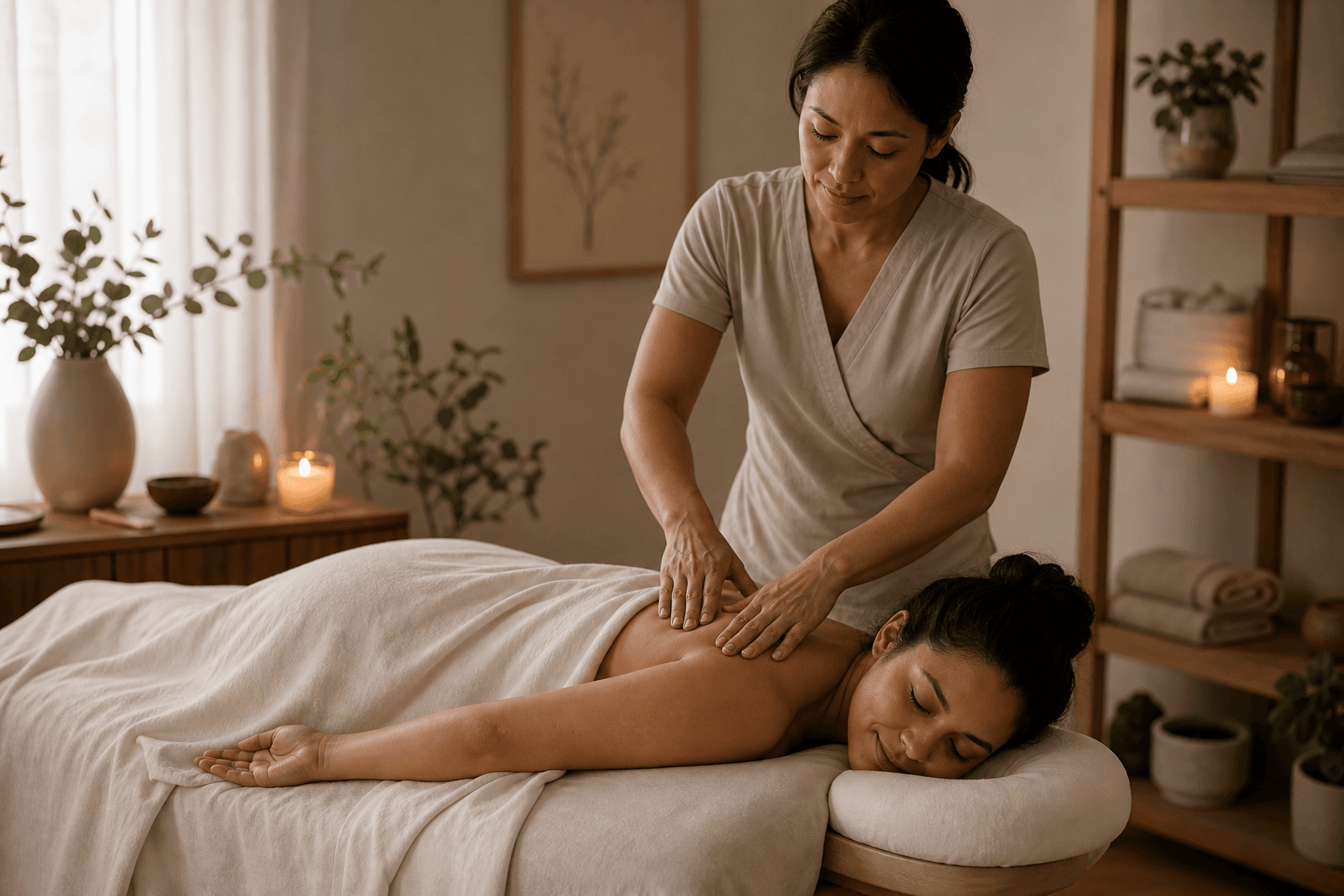 Massage therapist providing gentle postpartum bodywork in a peaceful wellness room