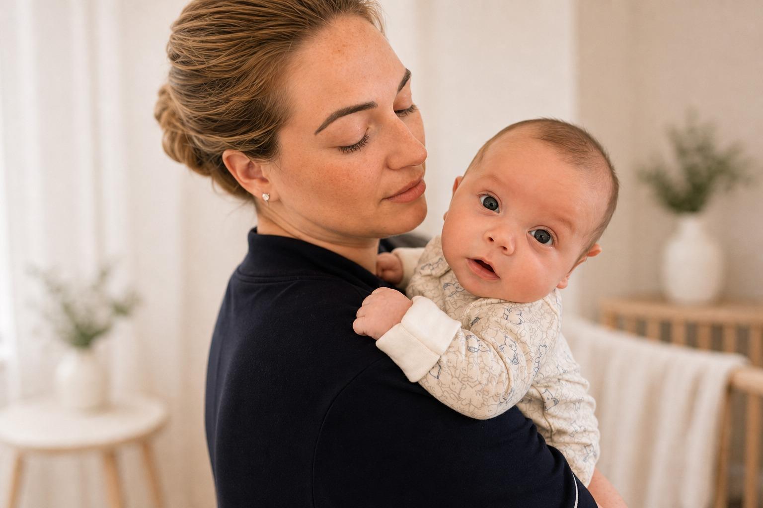 Mother holding her baby in a warm nursery setting